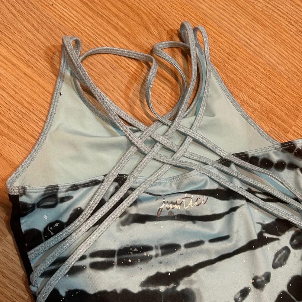 Justice Girls Gymnastics Leotard Blue Tie Dye Metallic Shimmer Large